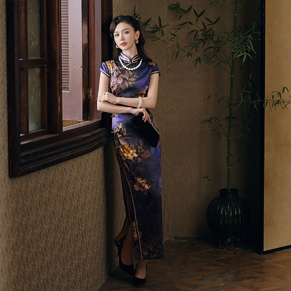 Qipao chinois moderne, cheongsam en soie de mûrier, robe de soirée, qipao de couleur violette