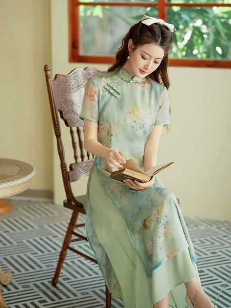 Traditional Chinese dress, Chinese Cheongsam, green aodai qipao, Ball Gowns, Long Evening Dress, mandarin collar