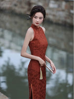 Qipao chinois moderne, robe Cheongsam, robe de soirée, qipao jacquard rouge brique