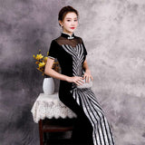 Chinese Cheongsam, Ball Gown, party qipao dress, black sequins velvet dress, Mandarin collar