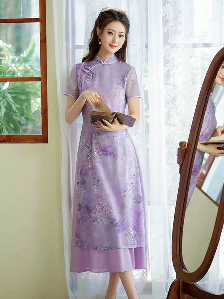 Robe chinoise moderne, Cheongsam chinois, aodai qipao violet, robes de bal, robe de soirée longue, col mandarin