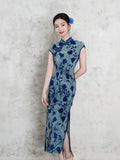 Modern Chinese qipao, Chinese Cheongsam, Blue floral qipao, Ball Gowns, mandarin collar