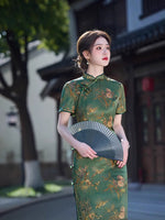 Modern Chinese qipao, Chinese Cheongsam, Evening Dress, Ball Gowns, green floral qipao
