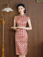 Mulberry Silk cheongsam, red cherry pattern, kneelength dress, casual qipao, summer qipao