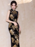 Modern Chinese qipao, Chinese Cheongsam, Ball Gowns, Long Evening Dress, black floral qipao