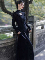 Chinese Cheongsam, black color dress, dance qipao, Ball Gown, floral print, Mandarin collar