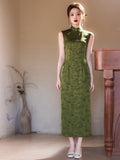 Modern Chinese Qipao, Cheongsam Dress, green color bamboo leave prints