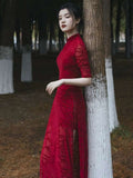 Chinese Cheongsam, red color dress, dance qipao, Ball Gown, floral print, Mandarin collar