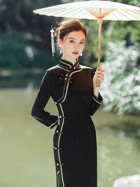 Modern Chinese Qipao, Chinese Cheongsam Dress, Ball Gowns, Long Evening Dresses, black jacquard dress, 3/4 sleeve, mandarin collar