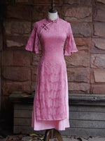 Modern Aodai, Knee length Cheongsam, aodai qipao, flower pattern, pink qipao