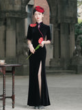 Cheongsam chinois, qipao noir, robe de soirée, robe de bal, qipao en velours noir, robe de soirée, col mandarin