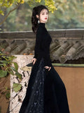 Chinese Cheongsam, black color dress, Evening Dress, Ball Gown, floral print, Mandarin collar