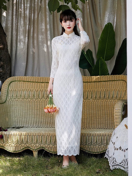 Robe Qipao chinoise moderne, robe de soirée, qipao en dentelle blanche, col mandarin