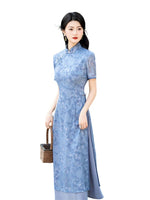 Modern Aodai, Knee length Cheongsam, Blue aodai qipao, flower pattern