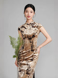 Modern Chinese qipao，champagne color floral pattern, Evening Dress, Ball Gowns