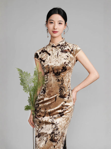 Modern Chinese qipao,champagne color floral pattern, Evening Dress, Ball Gowns M