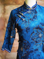 Modern Chinese qipao, Chinese Cheongsam, blue floral qipao, Ball Gowns, autumn qipao