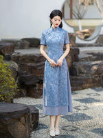 Modern Aodai, Knee length Cheongsam, Blue aodai qipao, flower pattern