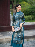 Modern Aodai, blue aodai qipao, flower pattern