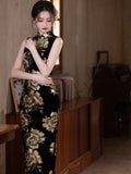 Modern Chinese qipao, Chinese Cheongsam, Ball Gowns, Long Evening Dress, black floral qipao