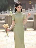 Traditionelles chinesisches Kleid, China Cheongsam, Ramie-Qipao, langes Sommer-Qipao, Blumenmuster, kurze Ärmel, Stehkragen