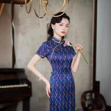 Mulberry Silk cheongsam, Blue color, Evening Dress, mandarin collar