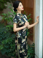 Qipao chinois moderne, Long Cheongsam, Qipao en soie, Robe de soirée, robe de bal, couleur florale noire, manches courtes, col mandarin