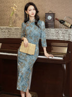 Modern Chinese Qipao dress,  light blue floral dress, Evening Dress, Full length, mandarin collar, 3/4 sleeve