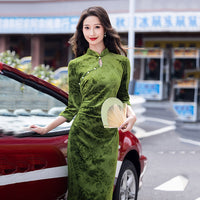 Modern Chinese qipao, Chinese Cheongsam, green floral qipao, Ball Gowns