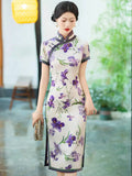 Qipao chinois moderne, cheongsam en soie de mûrier, robe jusqu'aux genoux, couleur florale violette