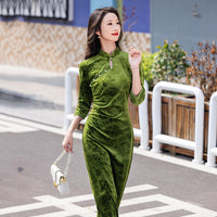 Modern Chinese qipao, Chinese Cheongsam, green floral qipao, Ball Gowns