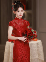 Chinese wedding dress, traditional Chinese dress, bridal lace qipao, mermaid tail dress