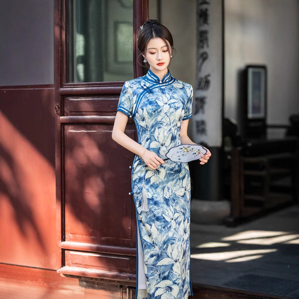 blue chinese silk dress Navy Blue Silk Cheongsam Sleeveless A-Line