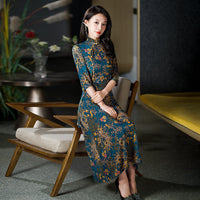 Aodai moderne, Cheongsam longueur genou, aodai qipao, motif floral, col mandarin