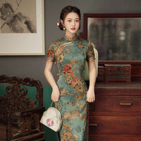 Elegant traditional Chinese dress, Chinese Cheongsam Dress, green floral Dress, Ball Gowns, mandarin collar