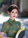 Modern Chinese qipao, Chinese Cheongsam, Evening Dress, Ball Gowns, green floral qipao