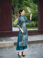 Modern Aodai, blue aodai qipao, flower pattern