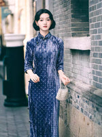 Modern Chinese Qipao, Evening Dresses, autumn qipao, blue velvet Dresses, 3/4 sleeve