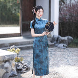 Modern Chinese Qipao, Blue Cheongsam, Long Evening Dress, floral print