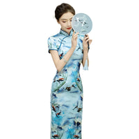Qipao chinois moderne, cheongsam en soie de mûrier, robe de soirée, qipao de couleur bleue