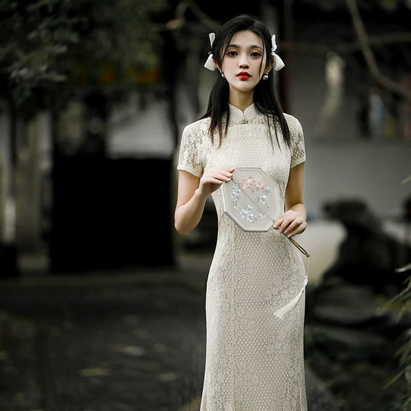 Chinese modern Cheongsam, cream color dress, lace qipao, Mandarin collar, mermaid tail