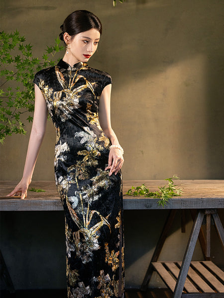 Modern Chinese qipao, Chinese Cheongsam, Ball Gowns, Long Evening Dress, black floral qipao