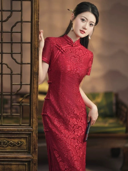 Modern Chinese Qipao, Chinese Cheongsam, tea ceremony lace qipao, Red QipaoMood Modern Chinese Qipao, Chinese Cheongsam, tea ceremony lace qipao, Red QipaoMood