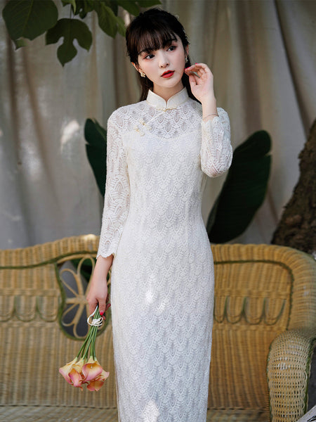 Modern Chinese Qipao Dress, Evening Dress, White lace qipao, mandarin collar L Modern Chinese Qipao Dress, Evening Dress, White lace qipao, mandarin collar L
