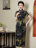 Modern Chinese qipao, mulberry silk Cheongsam, Silk qipao, black floral qipao