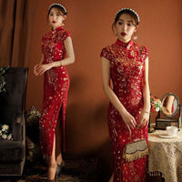 Chinese Cheongsam, Ball Gown, party qipao dress, red sequins velvet dress, Mandarin collar