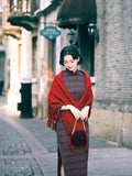 Modern Chinese Qipao, Evening Dresses, autumn qipao, plaid pattern qipao, 3/4 sleeve