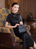 Modern Chinese Qipao, Long Cheongsam, Silk Qipao, Evening Dress, ball gown, black color, short sleeve