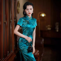 Qipao chinois moderne, cheongsam en soie de mûrier, robe de soirée, couleur bleu turquoise