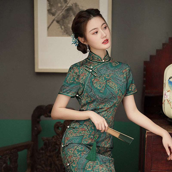 Elegant traditional Chinese dress, Chinese Cheongsam, blue floral Qipao, Ball Gowns, Evening Dresses, mandarin collar